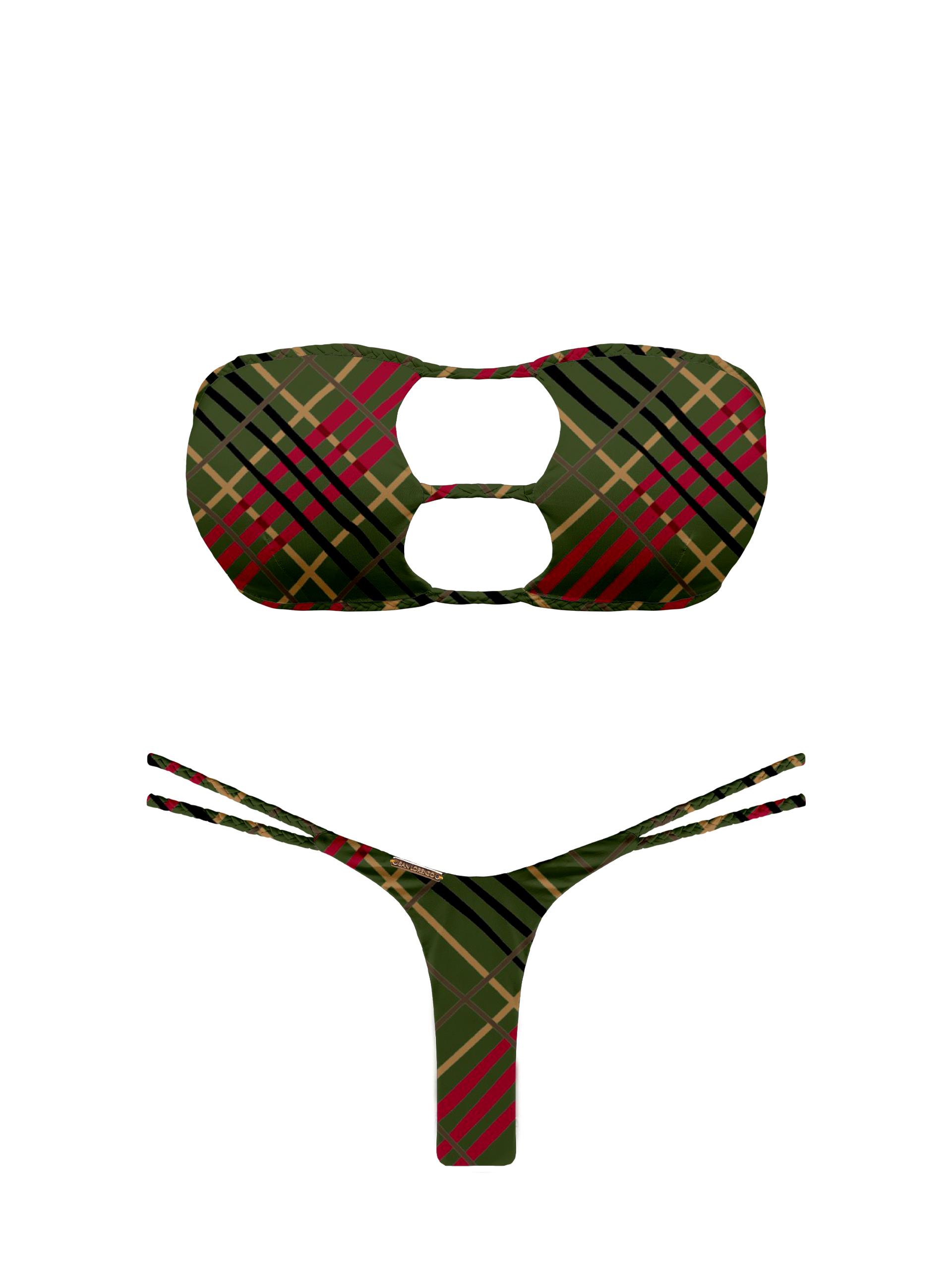 L'Amour Scottish Plaid Braided Strap Bandeau Bikini Top