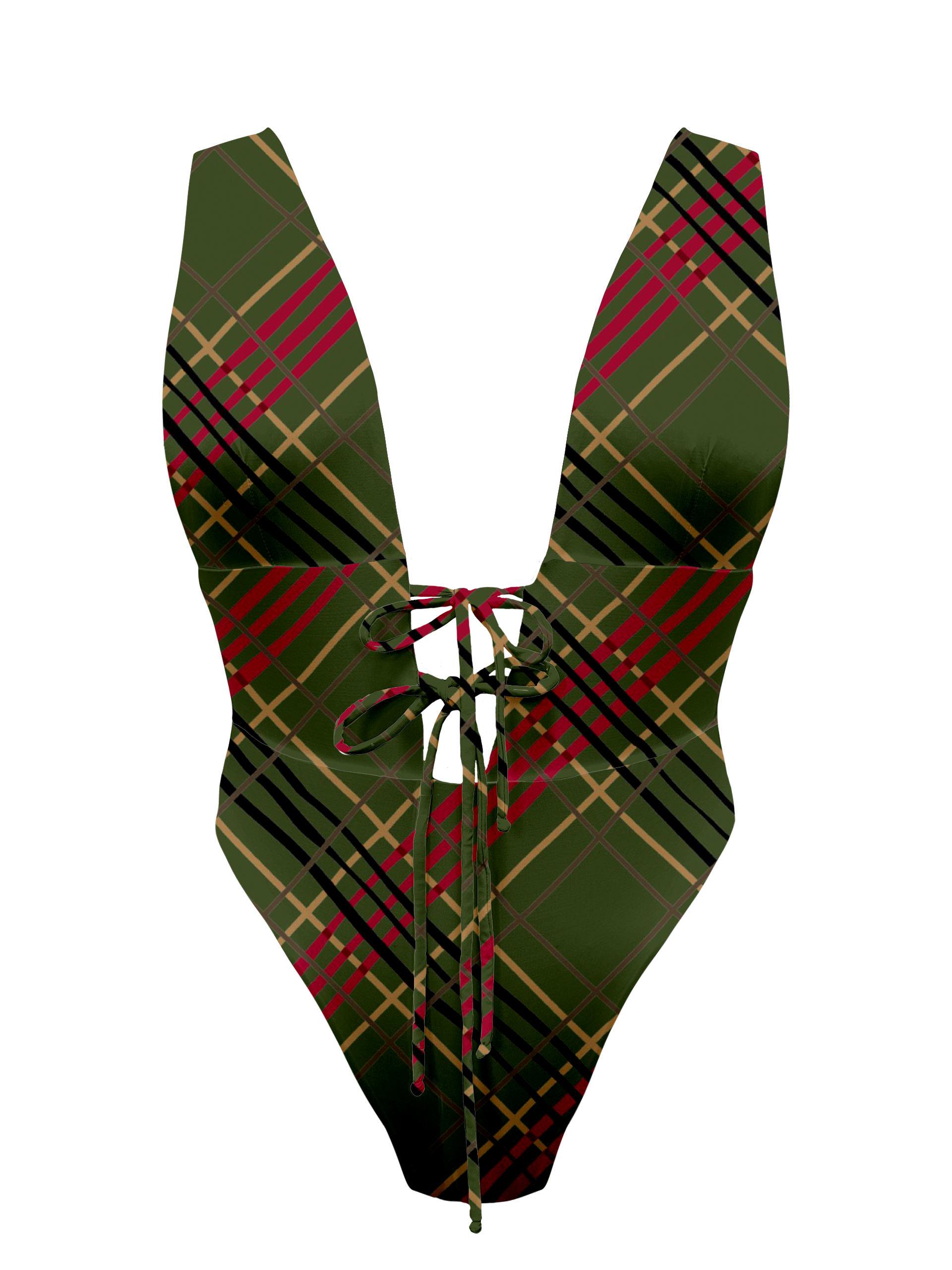 L'Amour Scottish Plaid Plunge Front Tie One Piece Bikini