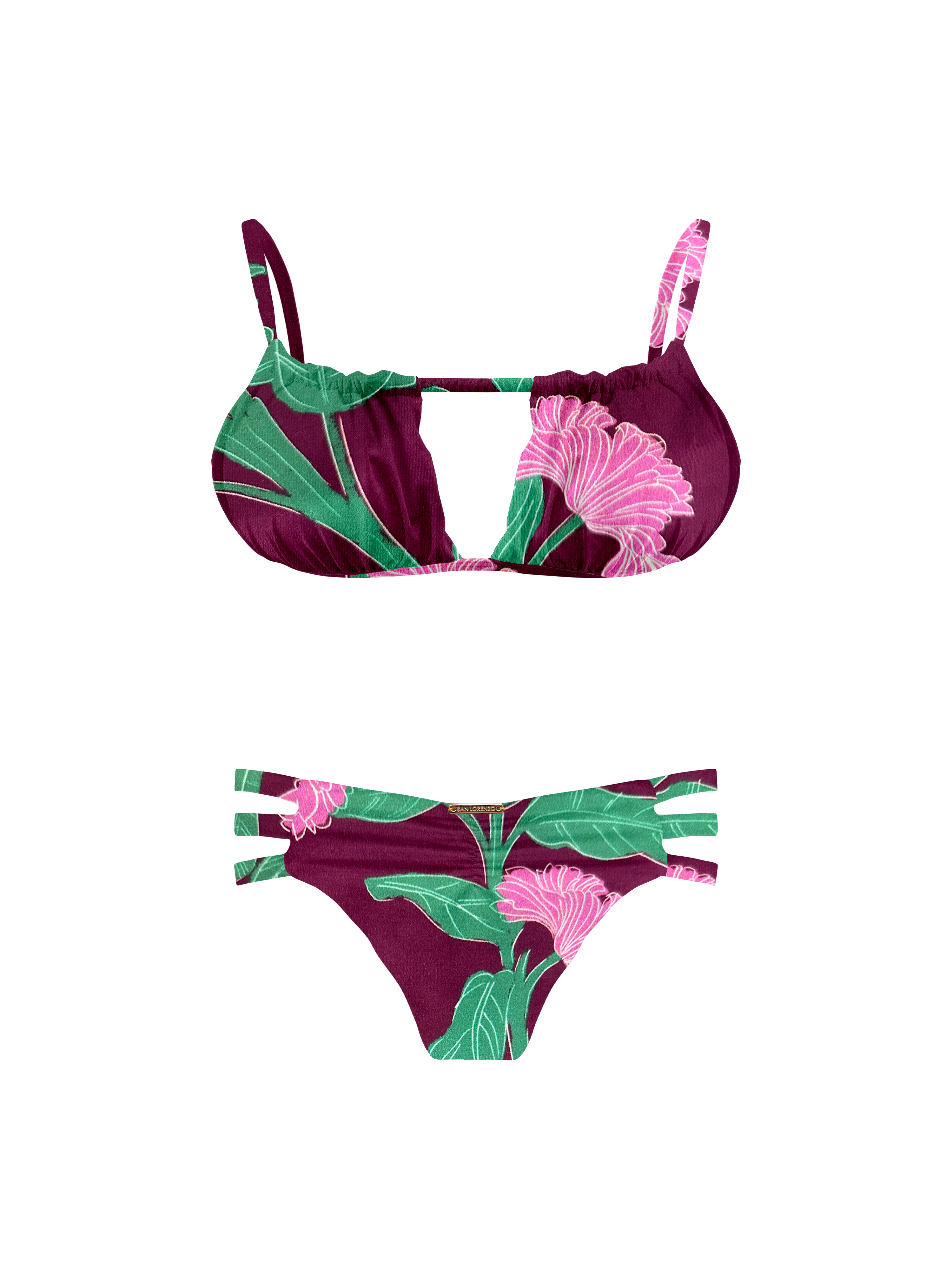 Kaia Floral Plum Three Strap Ruched Bikini Bottom