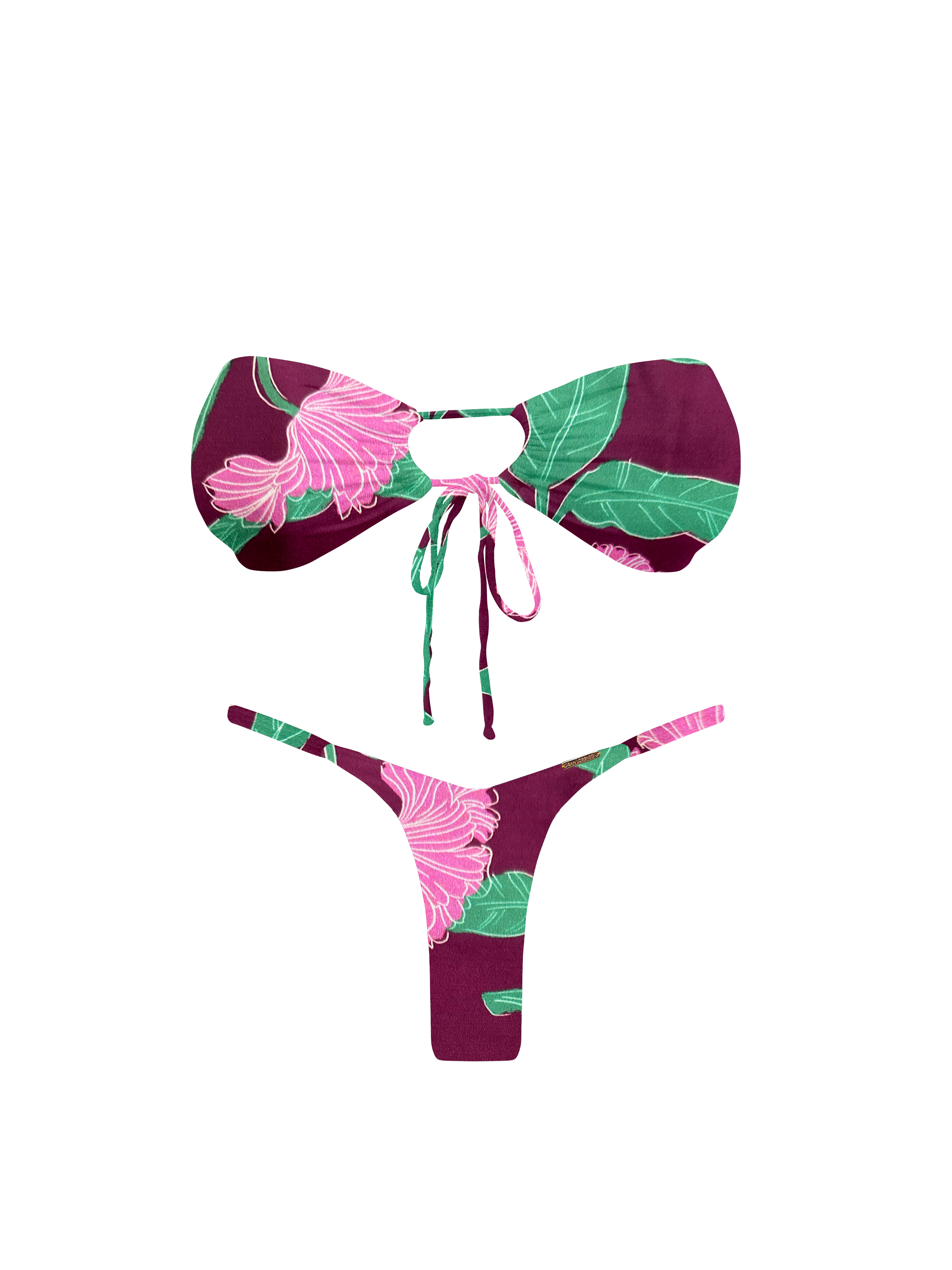 Kaia Floral Plum Thin Garder Thong Bikini Bottom