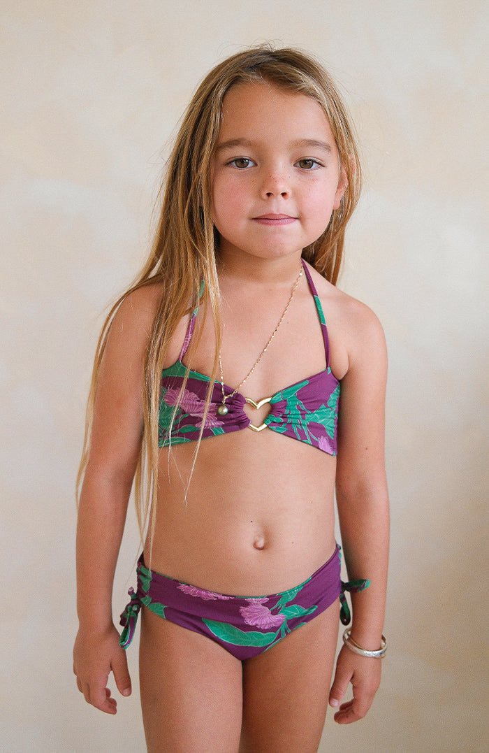 Keiki Kaia Floral Plum Thong Tie Loop Bikini Bottom