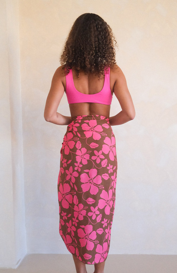 Brown Pink Hibiscus Sarong