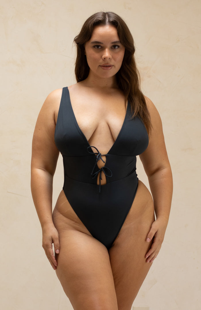 L'Amour Stone Plunge Front Tie One Piece Bikini