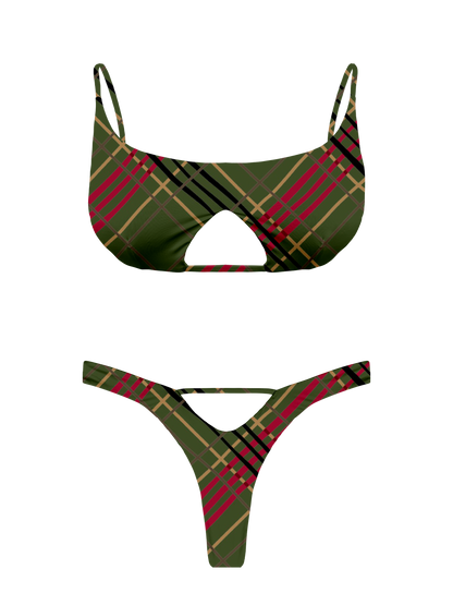 L'Amour Scottish Plaid Cut Out V-Thong Bikini Bottom