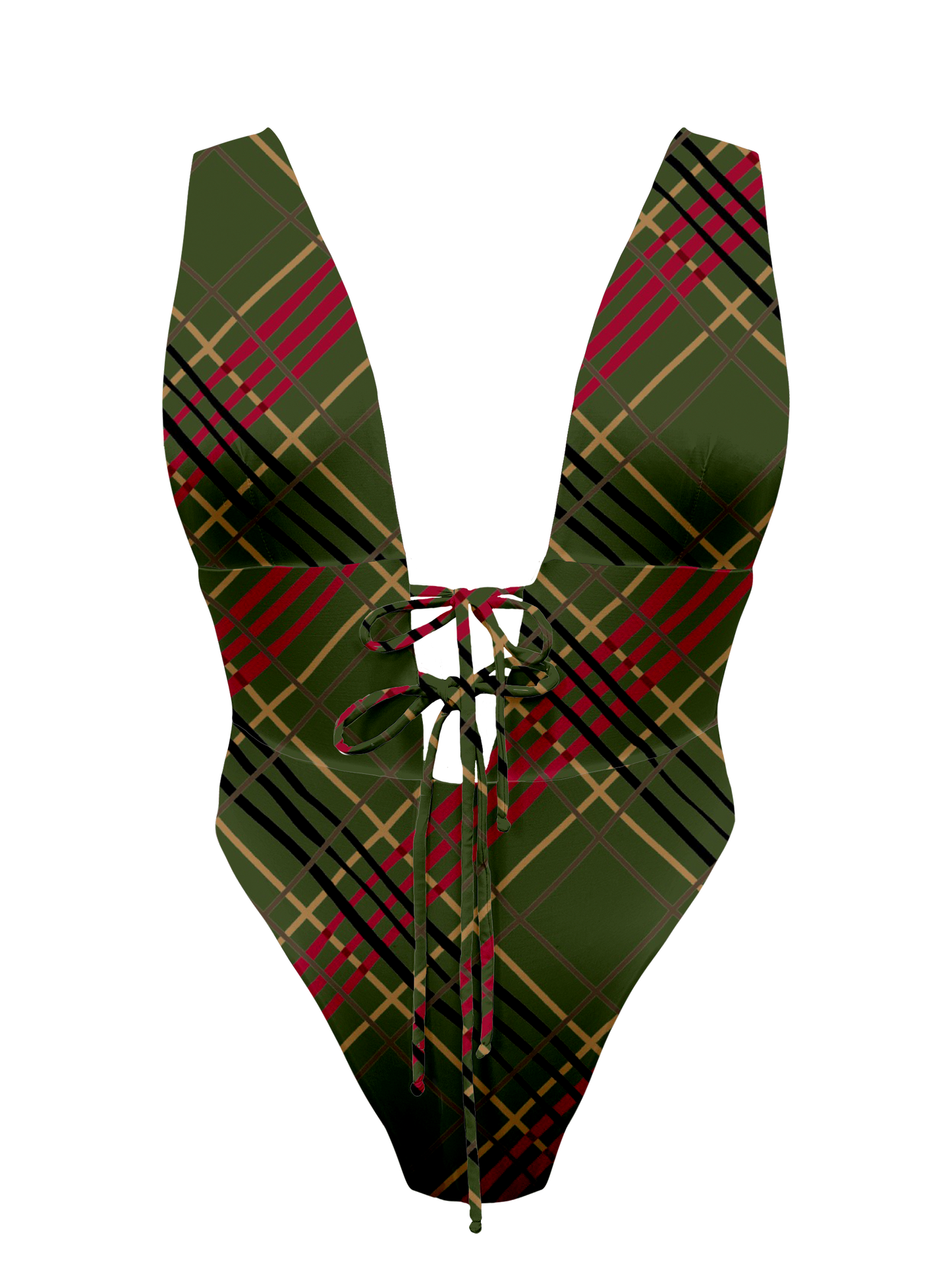L'Amour Scottish Plaid Plunge Front Tie One Piece Bikini