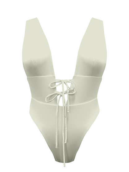L'Amour Porcelain Plunge Front Tie One Piece Bikini