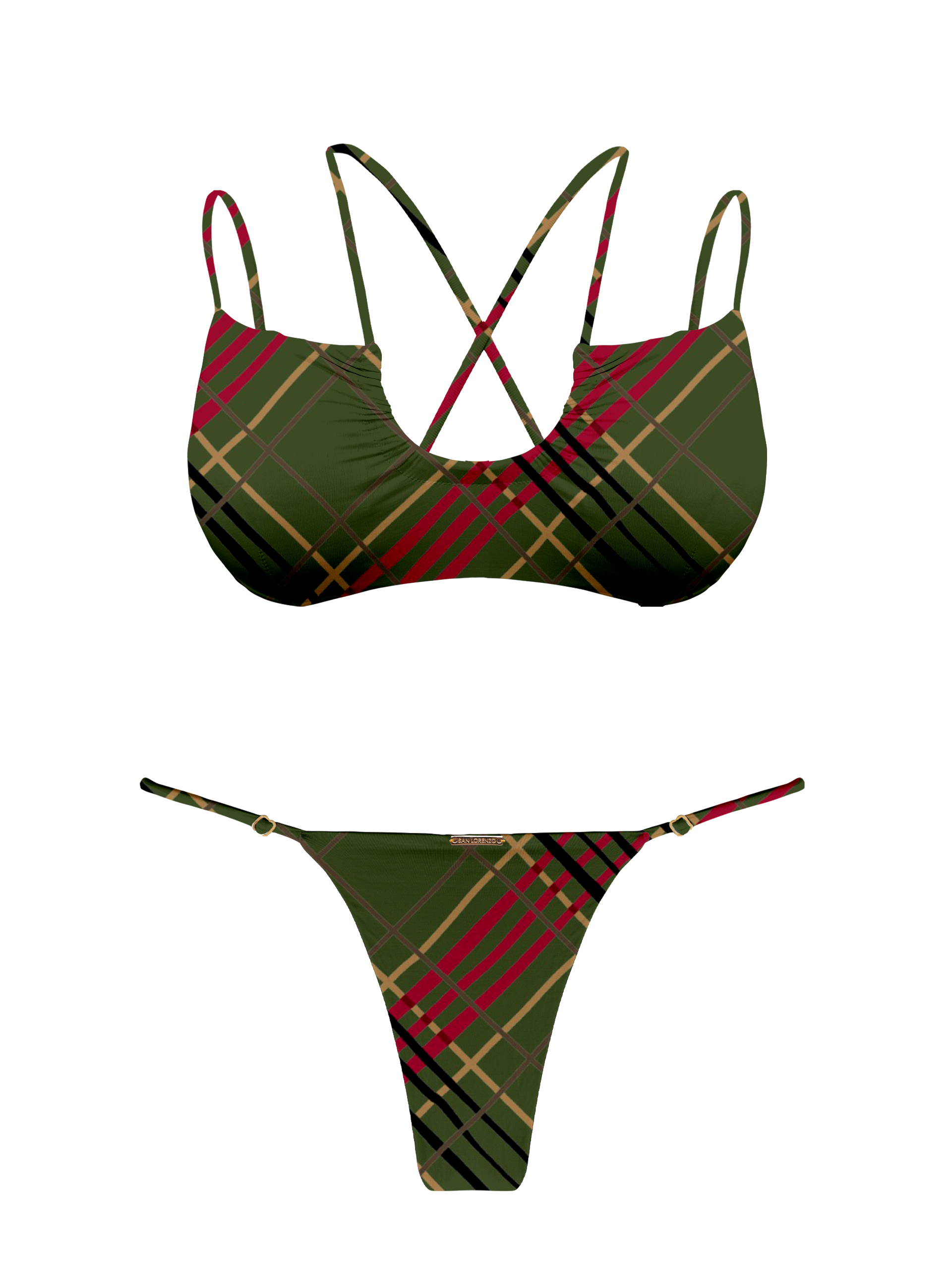 L'Amour Scottish Plaid Scoop Double String Bikini Top