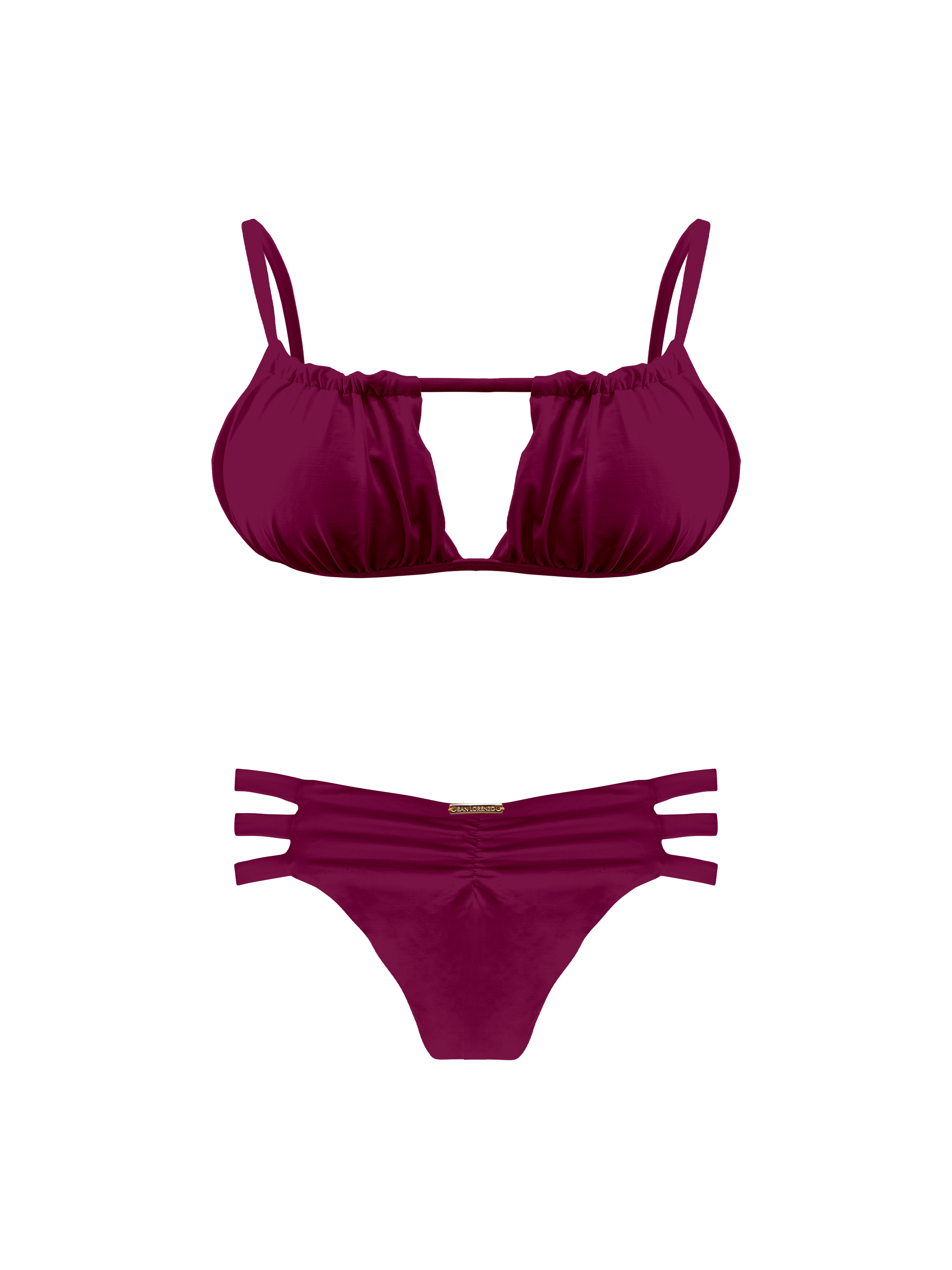 Kaia Mahogany Three Strap Ruched Bikini Bottom