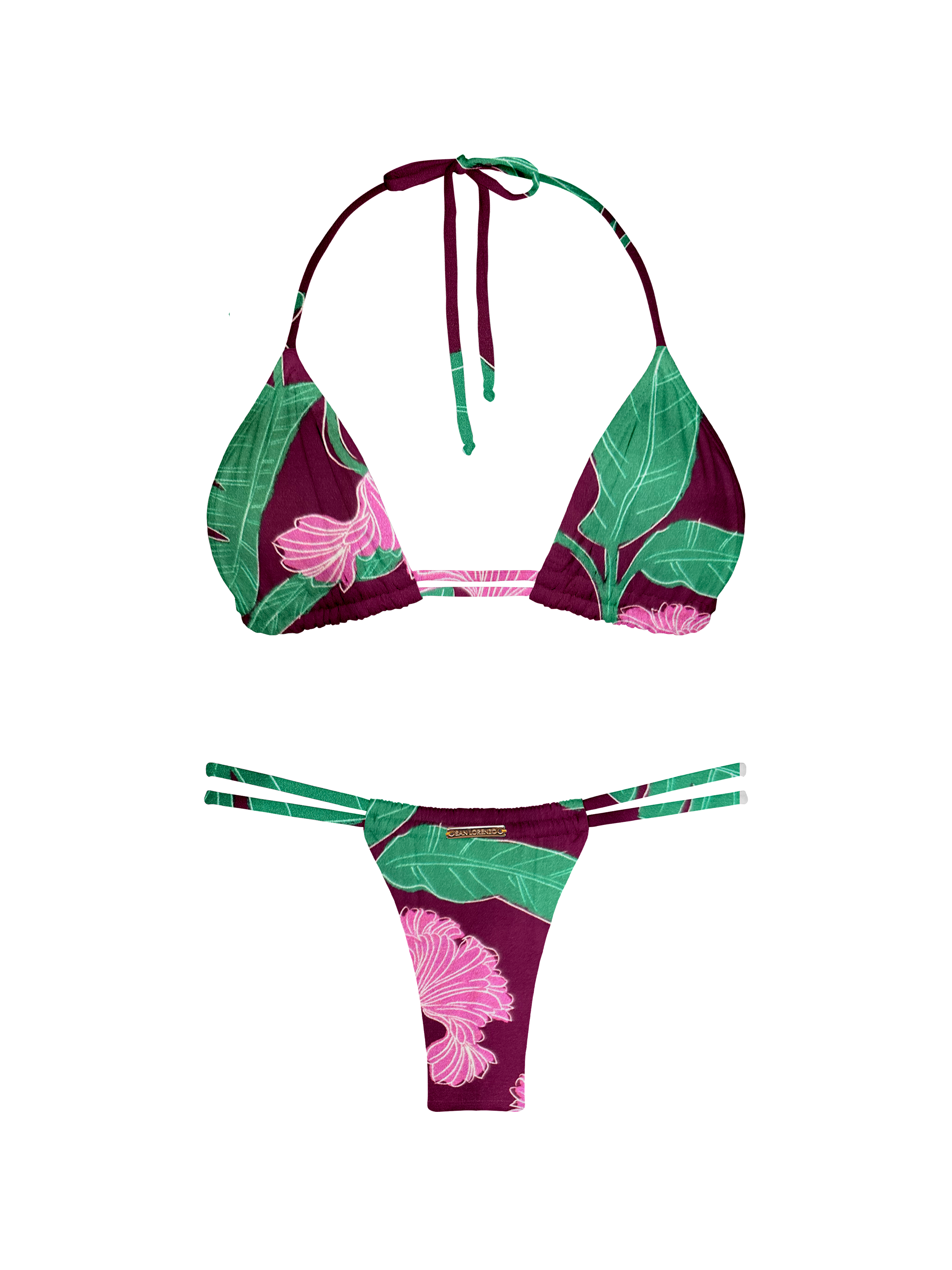 Kaia Floral Plum Double Loop String Halter Bikini Top