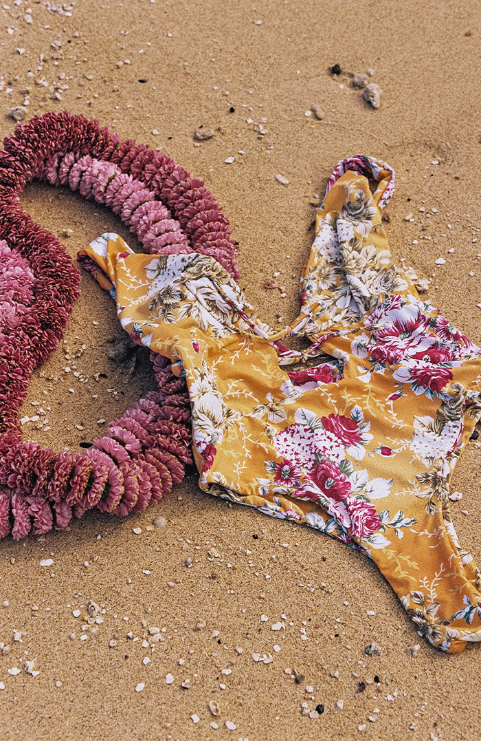 L'Amour Citrus Bloom Plunge Front Tie One Piece Bikini – San